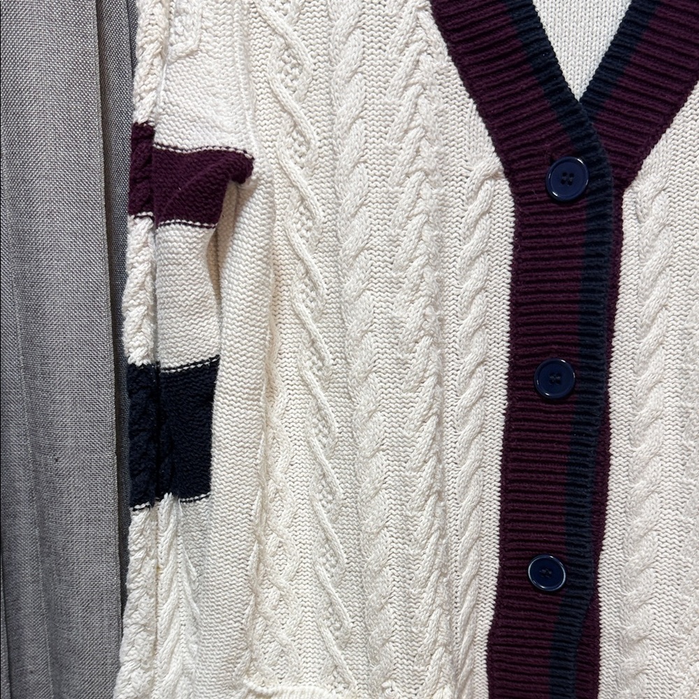 Elegant Cable Knit Cardigan - Cream with Burgundy and Navy Trim - Picture 4 of 6